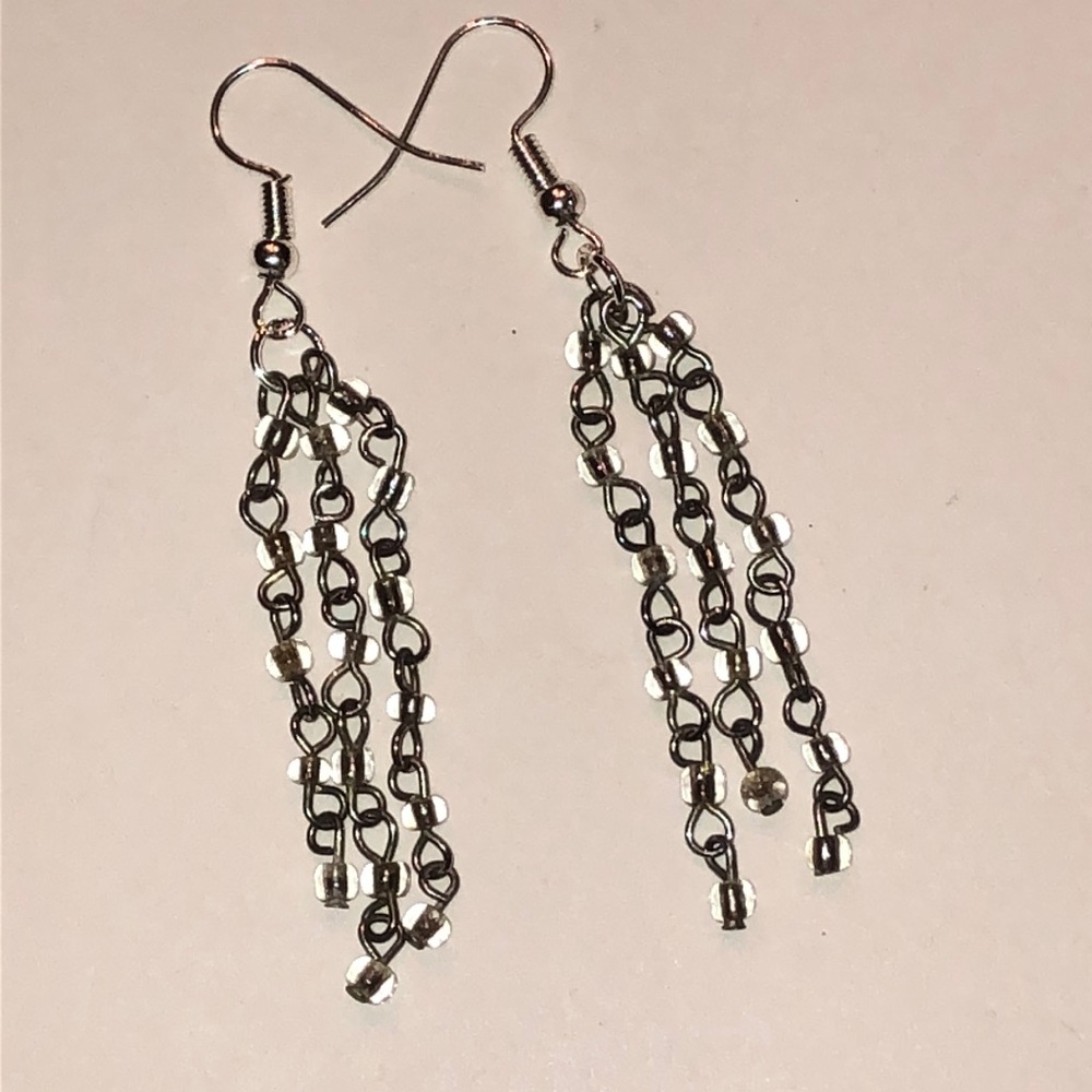 Upcycled Silver Tone and Clear Beaded Chain Earrings